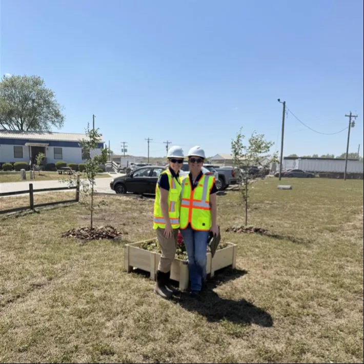 McGill team members planting a tree in a raised garden bed