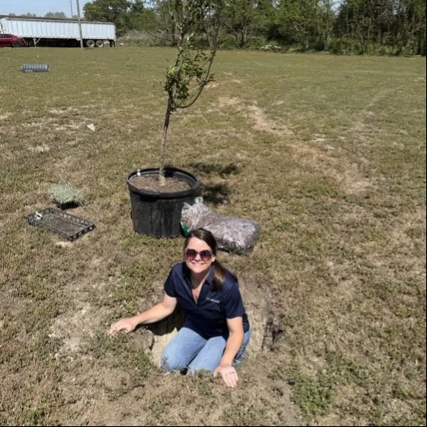 McGill team member preparing a tree for planting on company grounds